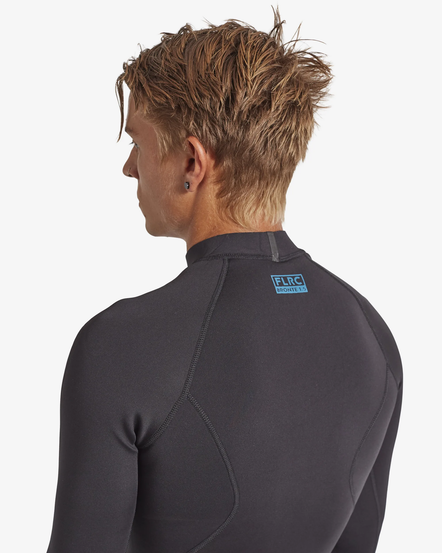 Close-up of black FLRC 1.5mm wetsuit top with blue logo, showing back detail.