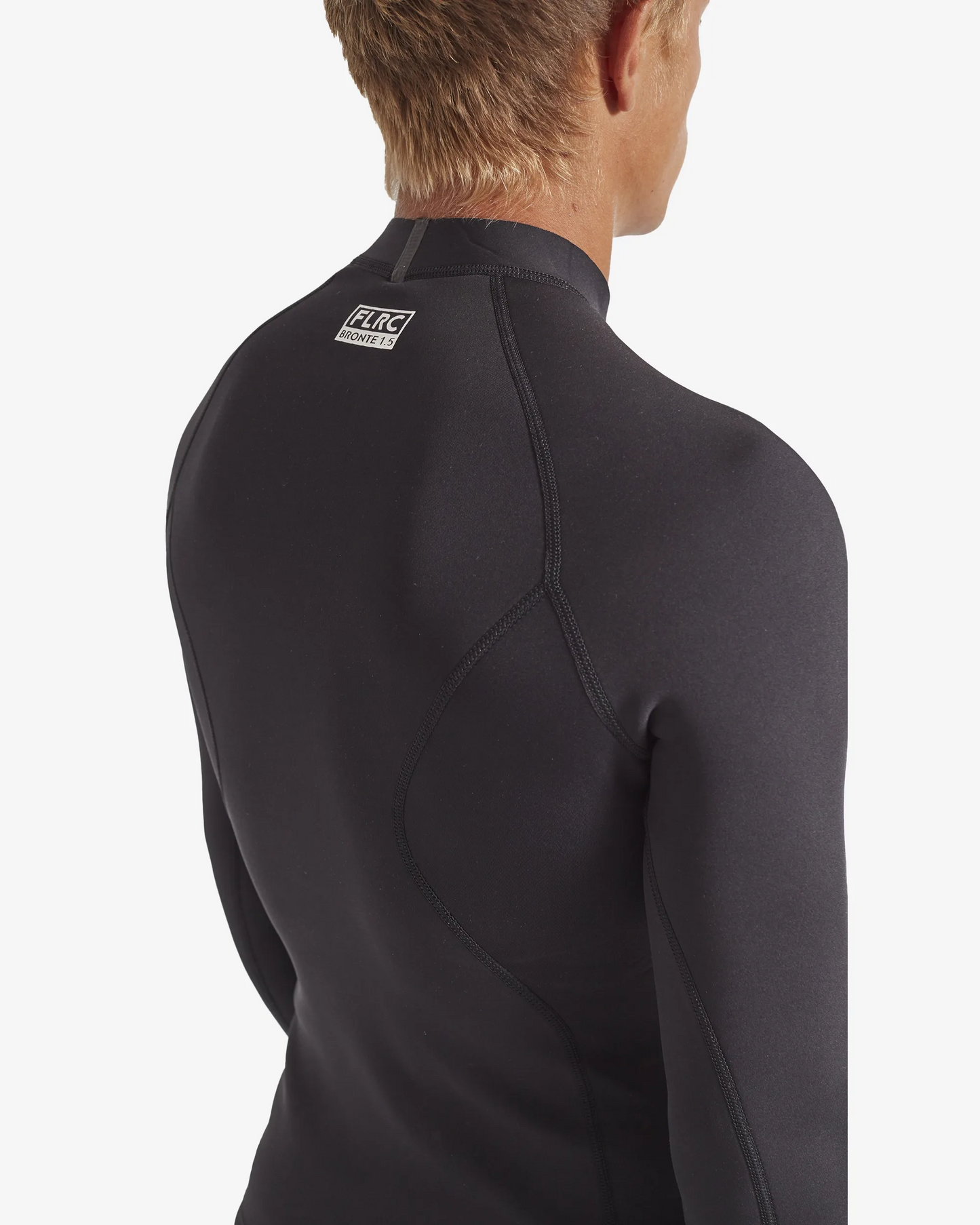 Close-up of black FLRC 1.5mm wetsuit top with white logo, showing back detail.