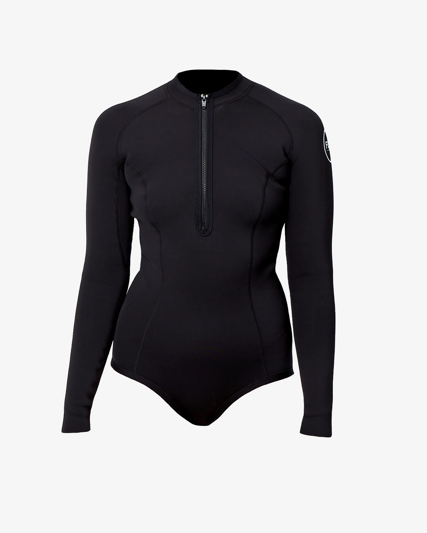 Black FLRC 1.5mm long sleeve spring suit with white logo, front product shot on clean background.