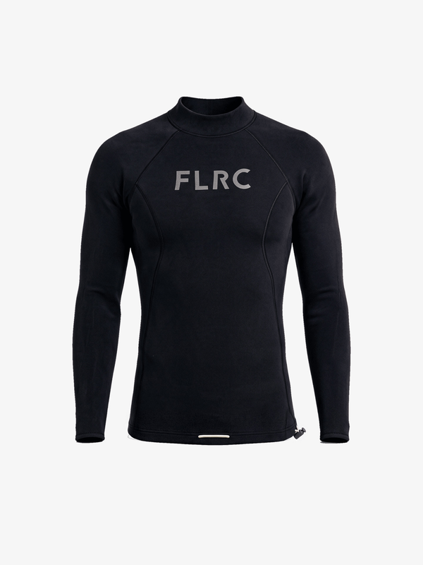 Men's 1.5mm Wetsuit Top V2, black long-sleeve top with grey FLRC chest logo and hem drawcord toggle