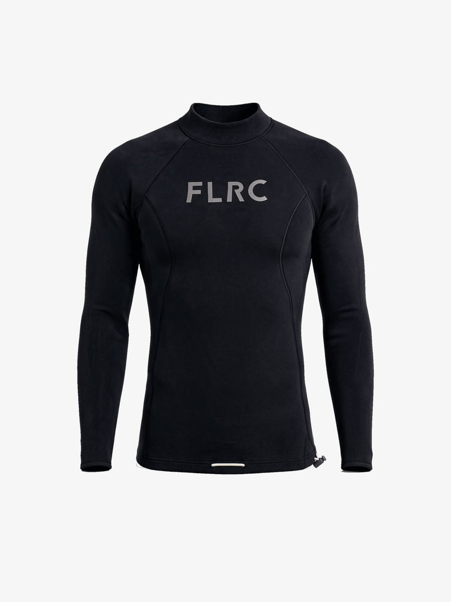 Men's 1.5mm Wetsuit Top V2, black long-sleeve top with grey FLRC chest logo and hem drawcord toggle
