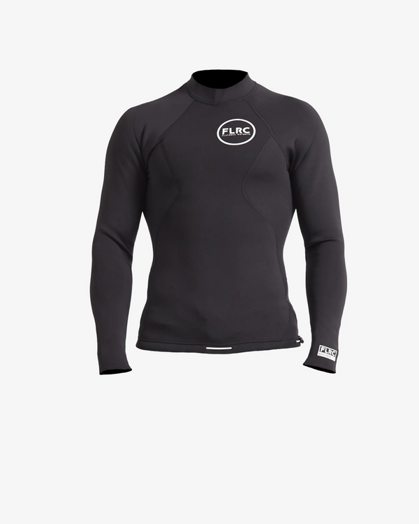 Men's 1.5mm Wetsuit Top V1, black long-sleeve neoprene top with white FLRC chest logo, front view