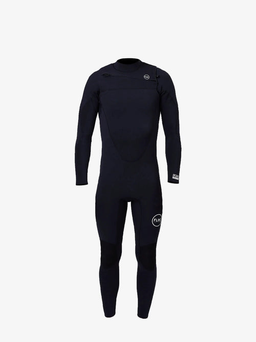Men's 3/2mm Fullsuit V2 wetsuit, black with FLRC circle logo on the thigh, front view