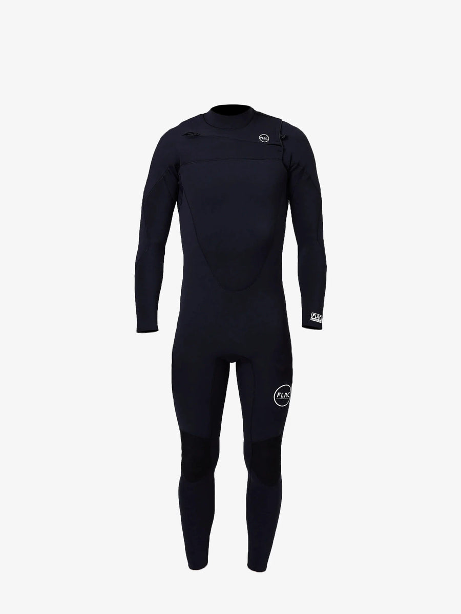 Men's 3/2mm Fullsuit V2 wetsuit, black with FLRC circle logo on the thigh, front view