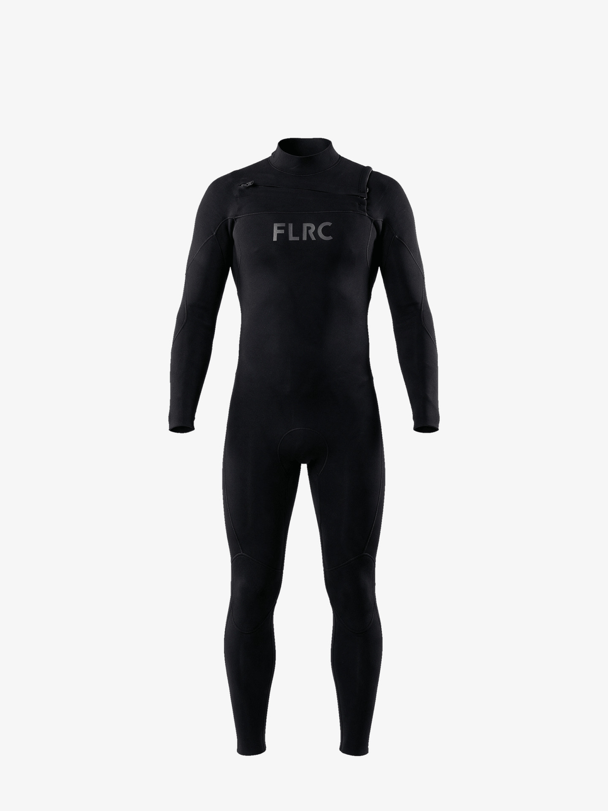Men's 3/2mm Fullsuit V3 wetsuit, black with grey FLRC chest logo and diagonal chest zip