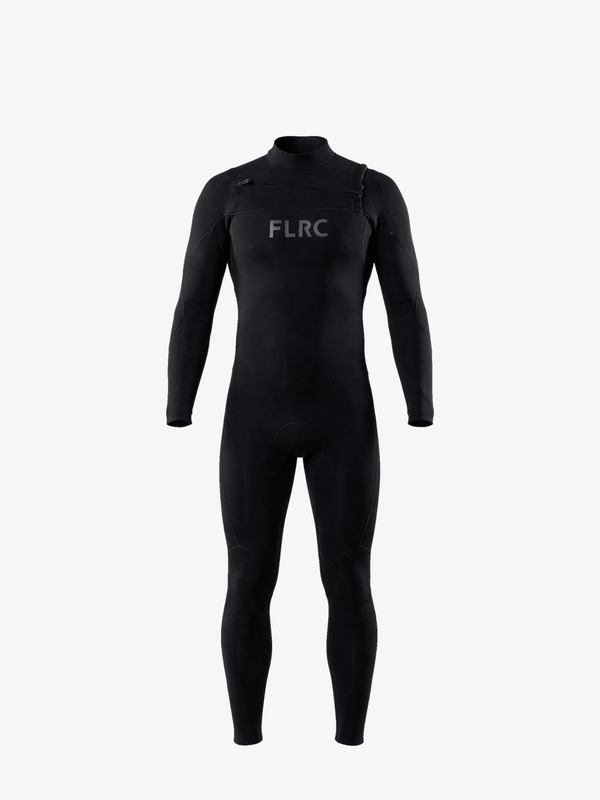 Men's 3/2mm Fullsuit V3 wetsuit, black with grey FLRC chest logo and diagonal chest zip