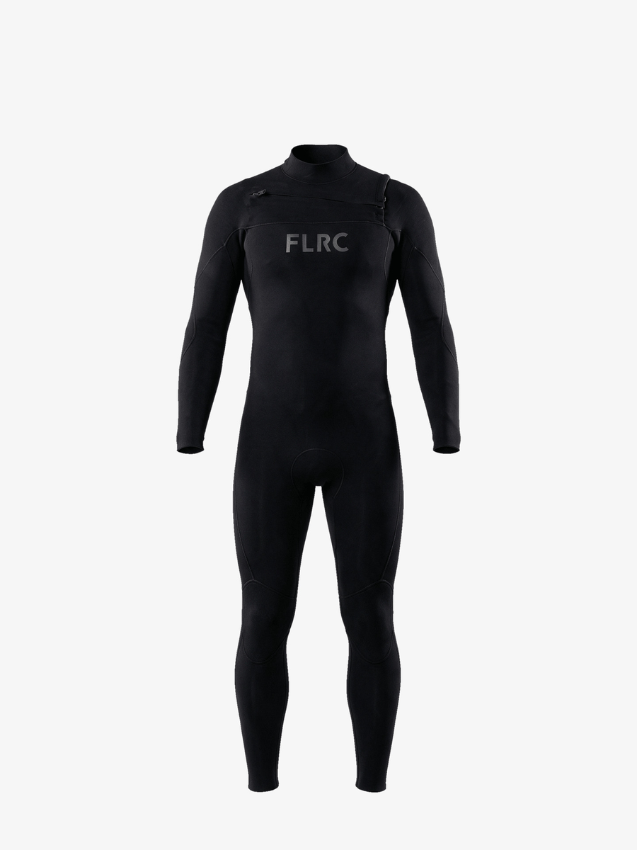 Men's 3/2mm Fullsuit V3 wetsuit, black with grey FLRC chest logo and diagonal chest zip
