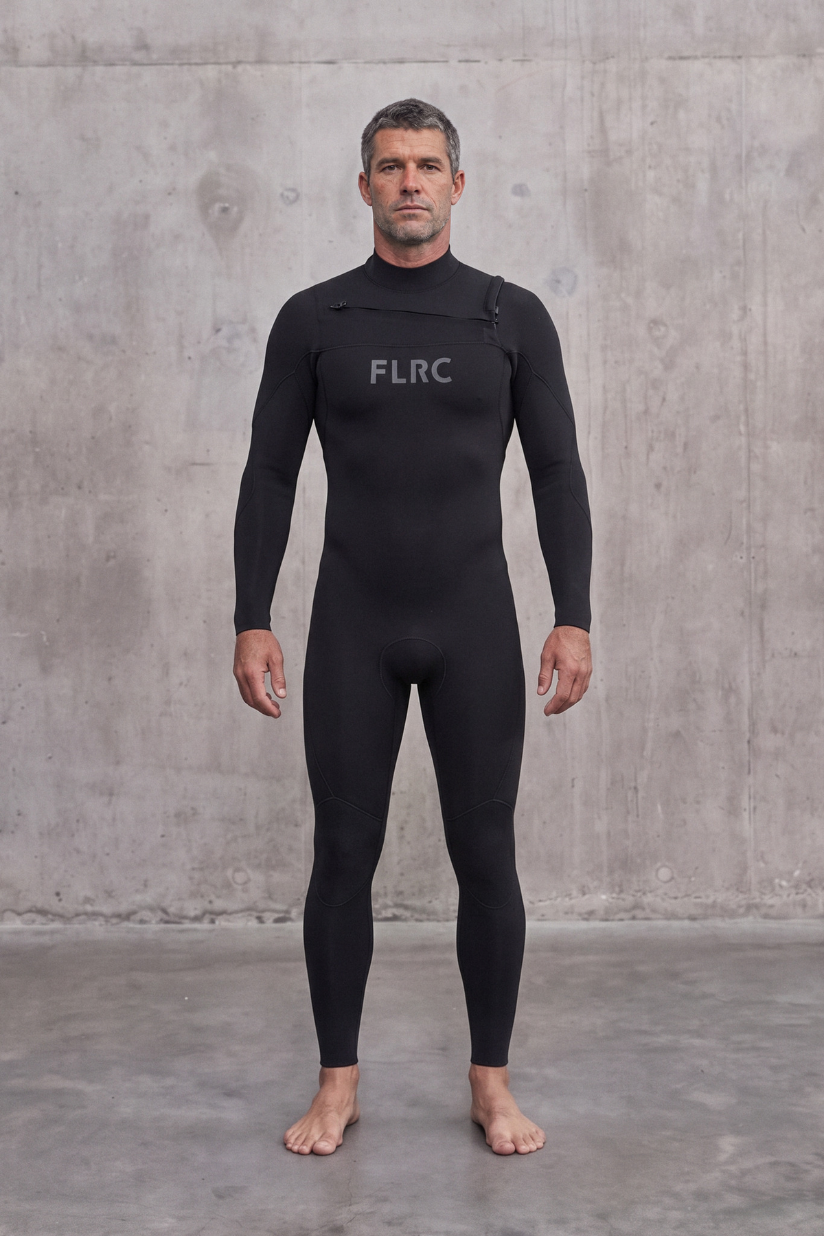 Man in Men's 3/2mm Fullsuit V3 wetsuit, front view with grey FLRC chest logo against a concrete wall