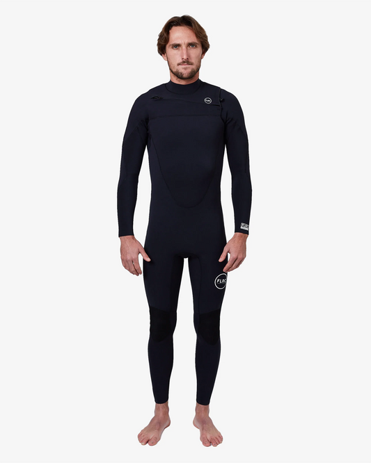 Man wearing black FLRC 3/2mm steamer wetsuit with white logo, front view in studio.