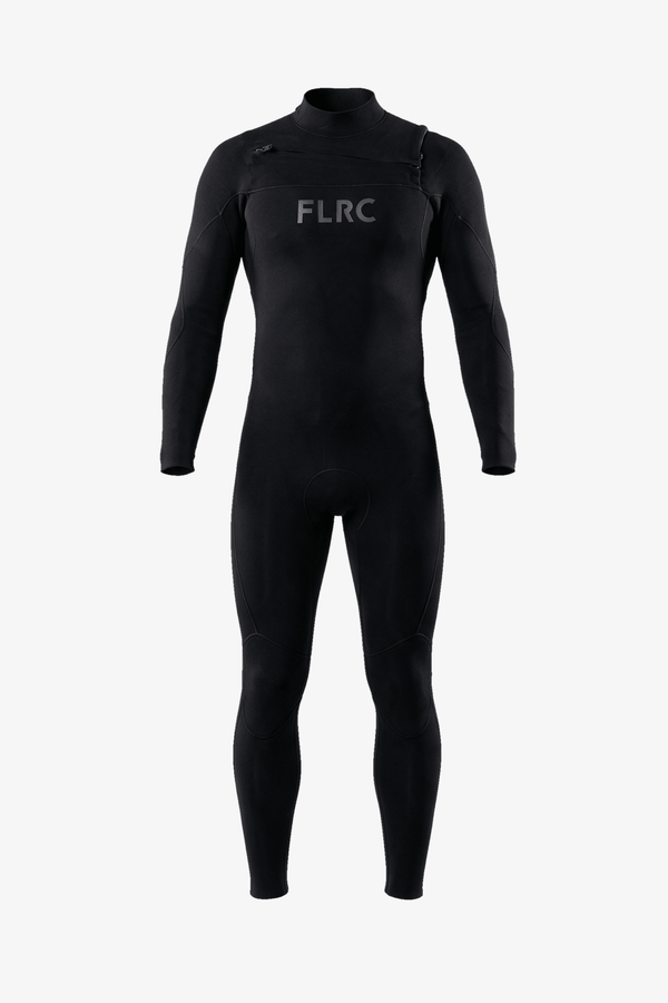 Men's 3/2mm Steamer V3 wetsuit, black full suit with grey FLRC chest logo and diagonal chest zip