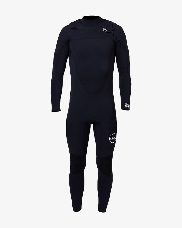 Men's 3/2mm Steamer V2 wetsuit, black full suit with FLRC circle logo on the thigh, front view