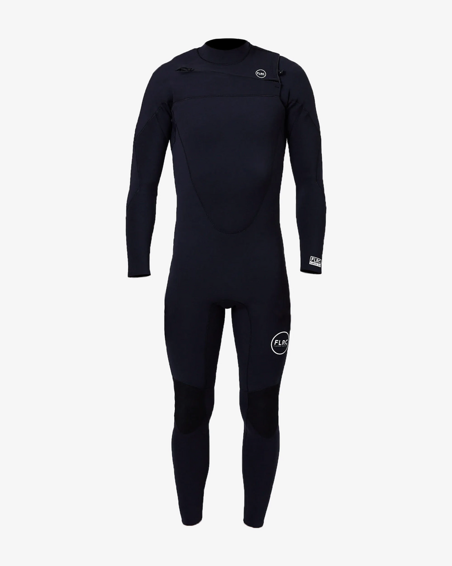 Men's 3/2mm Steamer V2 wetsuit, black full suit with FLRC circle logo on the thigh, front view