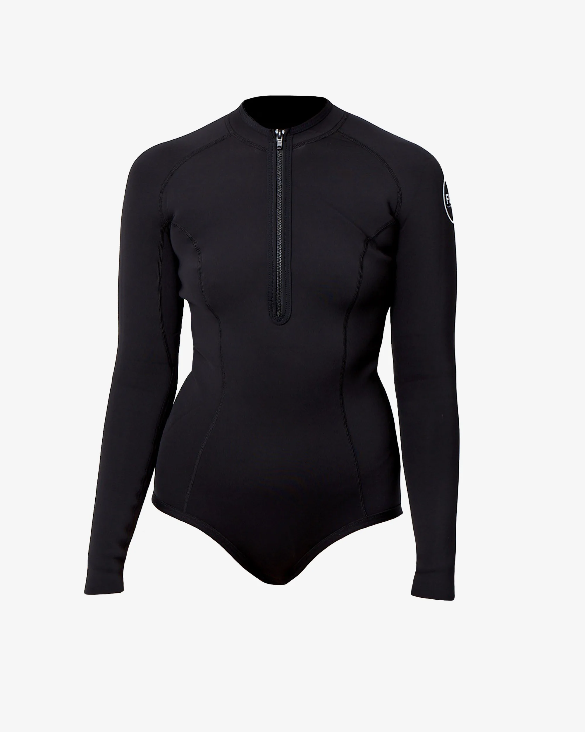 Black FLRC 1.5mm long sleeve spring suit with white logo, front product shot on clean background.